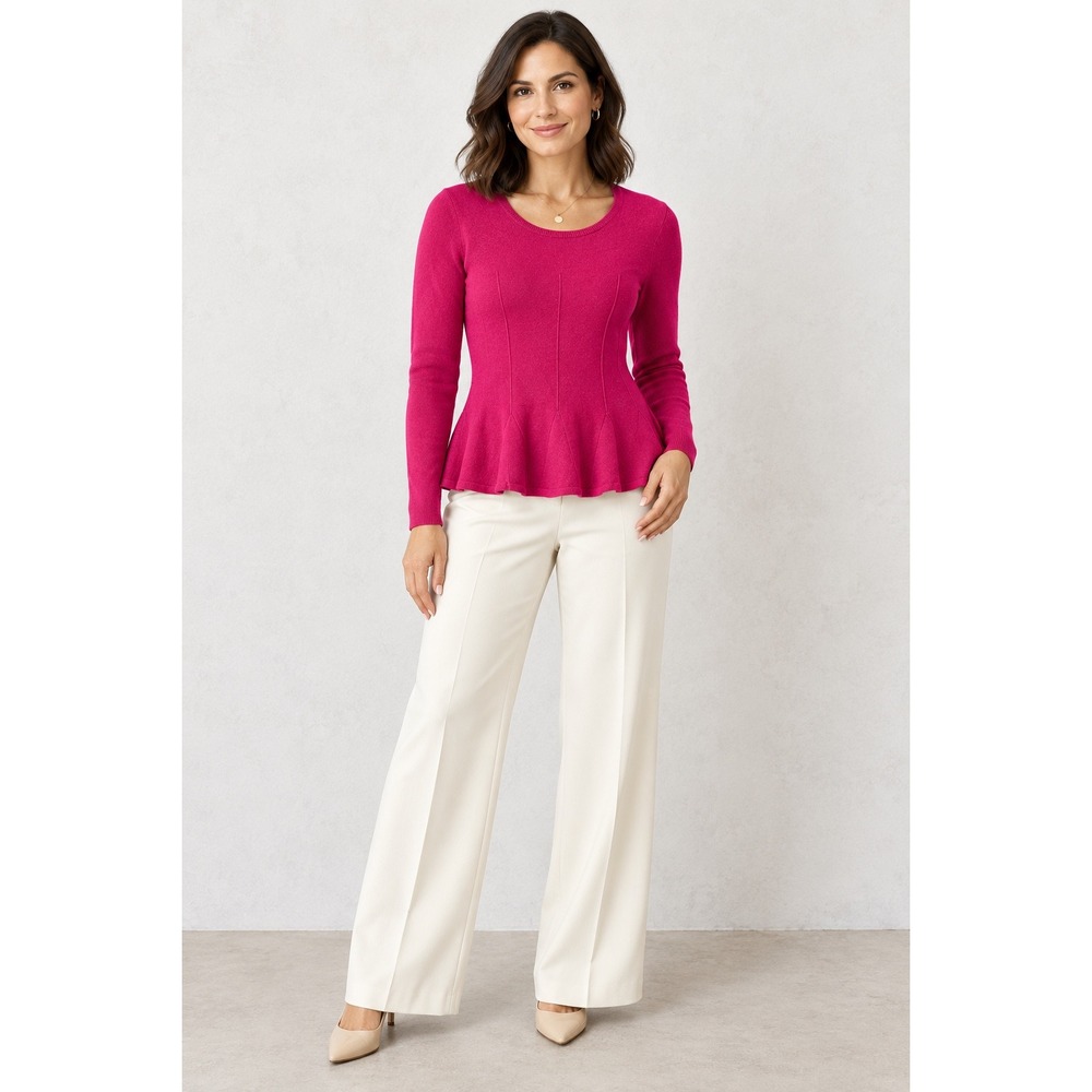 Antonio Melani Sweater Large Pink 100% Cashmere Peplum Hem Crew Neck Long Sleeve